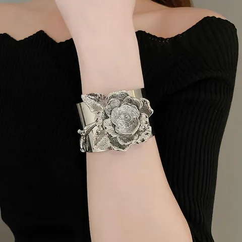 3D Rose Blume Legierung Manschette Armband Retro Luxus Verstellbar Metall Armreif Für Frauen Statement Mode Schmuck