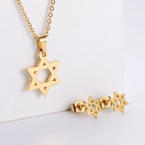 Hexagram Necklace And Stud Earrings 316L Stainless Steel 18K Gold Plated Star Of David Minimalist Polished Jewelry For Women