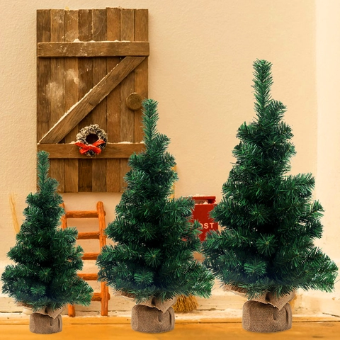 Mini Artificial Christmas Tree PVC Green Tabletop Decoration Burlap Base Desktop Nordic Minimalist Style