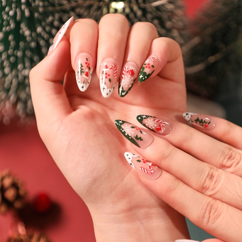 Christmas Press On Nails Snowflake Candy Cane Christmas Tree Pattern French Style Artificial Fingernails For Women Holiday Party Decoration