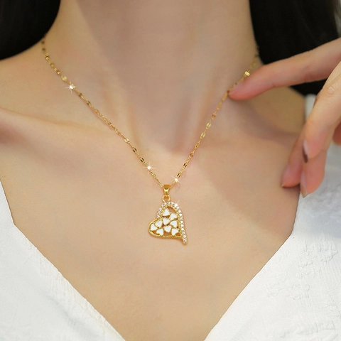 Collier Pendentif Cœur Acier Titane Cuivre Plaqué Or Zircone Émail Blanc Bijoux Élégants Choker Pour Femmes