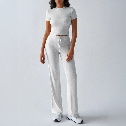 Women Top And Pants Solid Color Round Neck Short Sleeve Crop Top High Waist Drawstring Viscose Elastane Casual