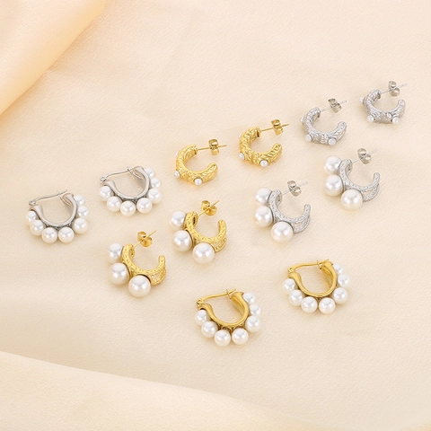 Gold Plated Stainless Steel Shell Artificial Pearl Hoop Earrings Elegant Fashion C Shape Jewelry For Women