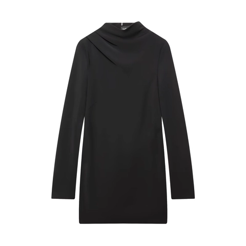 Women Sexy Mini Dress Long Sleeve Draped Neck Pleated Slim Fit Polyester Elegant Party Cocktail Black
