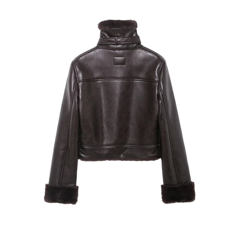 Damen Jacke Aus Kunstleder Und Kunstpelz Kurz Französische Mode Retro Einreihig Warm Winter Oberbekleidung