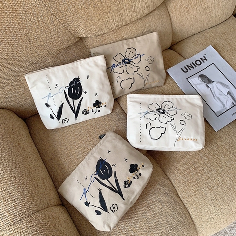 Trousse De Maquillage En Toile Florale Grande Capacité Broderie Tulipe Fermeture Éclair Pochette Cosmétique Style Japonais