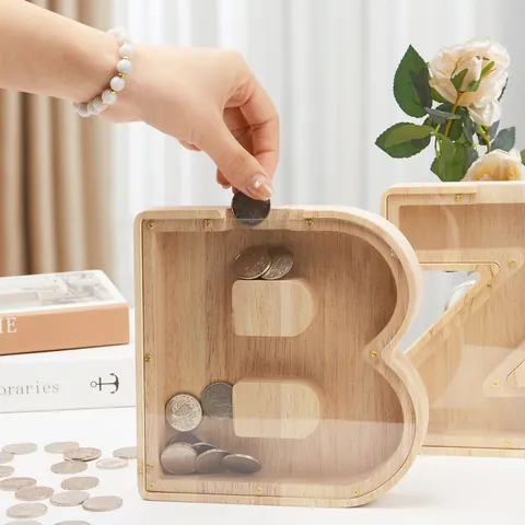 Hölzerne Alphabet Spardose Buchstabe Geldsparbox Klares Acryl Wohndeko Desktop Ornament Für Kinder Jungen Mädchen
