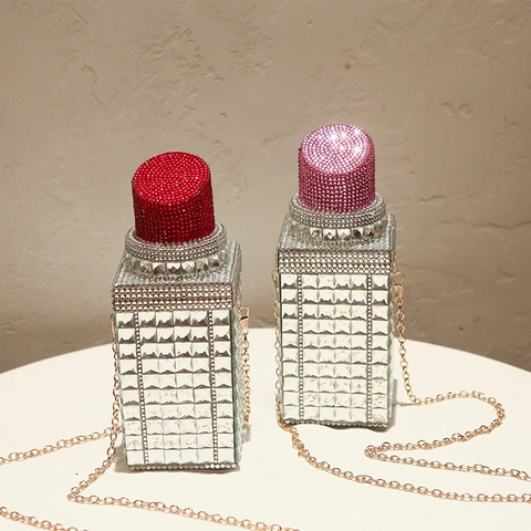 Lipstick Shape Evening Bag Rhinestone Encrusted Party Clutch Crossbody Chain Purse For Women Glittery Novelty