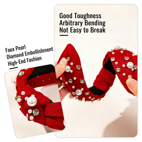 Knotted Headband With Rhinestone And Artificial Pearl Wide Fabric Hairband Retro Elegant Hair Accessory For Women