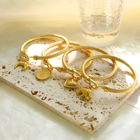 Brazalete de Acero Inoxidable con Cable Trenzado Oro Plata Geométrico Corazón Elefante Concha Colgante Números Romanos Joyería