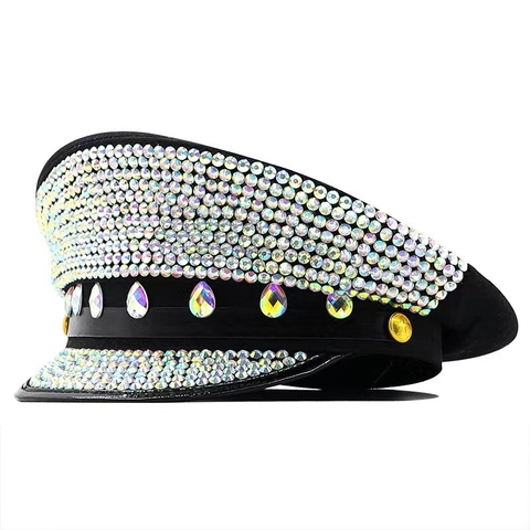 Luxuriöser Strass Militärhut Für Damen Punk Stil Flachdeckel Schirmmütze Party Karneval Bühne Performance Hut