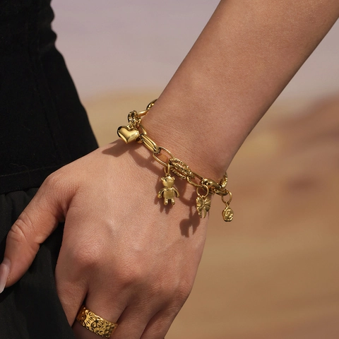 Bracciale Alla Moda Acciaio Inossidabile Ciondoli Orso Cuore Fiocco Rosa Catena A Maglie Spesse Gioielli Regolabili Da Donna