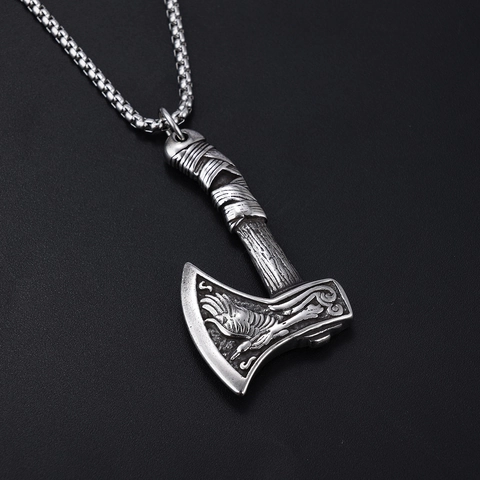 Collier Pendentif Hache Viking En Acier Inoxydable Vintage Nordique Double Face Relief Corbeau Bijoux Punk Pour Hommes