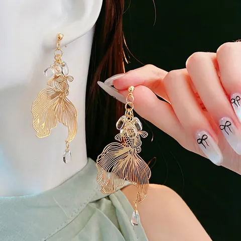 Hohl Koi Fisch Hängeohrringe Elegant Kupfer Mit Silbernem Ohrstecker Kristallperle Drop National Stil Damen Schmuck