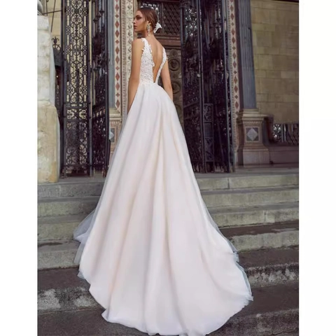 Trouwjurk Met Diepe V-Hals Mouwloos Rugloos Kant Applique Tule Bruidsjurk Elegant Formeel Avondfeest Voor Vrouwen