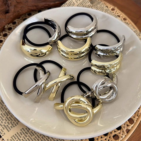 Geometric Metal Hair Ties Alloy Elastic Hair Ropes Minimalist Metallic Ponytail Holders For Women