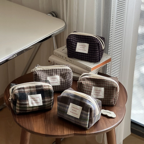 Vintage Plaid Woolen Cosmetic Bag Zipper Makeup Pouch Travel Organizer Small Toiletry Storage Bag For Women