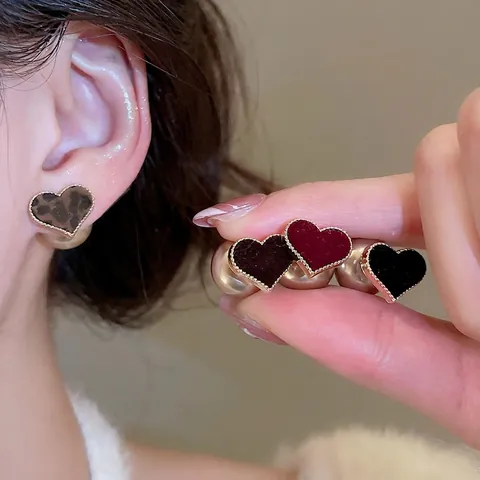 Pendientes De Botón De Corazón Flocado Con Estampado De Leopardo Y Perla Artificial Sintética Estilo Retro Poste De Plata Para Mujer