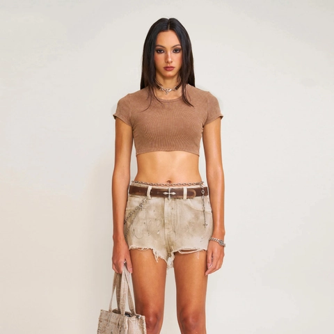 Ribbed Cotton Crop Top Slim Fit Round Neck Vintage Faded Short Sleeve Solid Color Casual Tee For Women