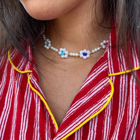 Freshwater Pearl And Colorful Flower Beaded Necklace Handmade Bohemian Style Summer Jewelry For Women