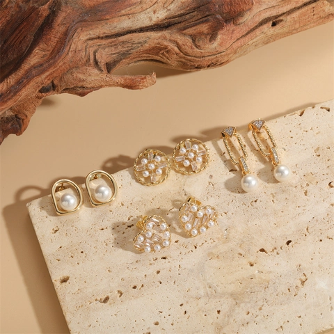 Elegant Copper Artificial Pearl Zircon Stud Earrings Heart Round Geometric Gold Plated Fashion Jewelry Accessory For Women