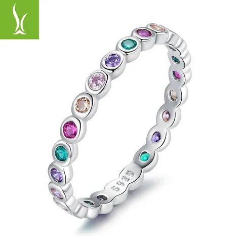 Colorful Rainbow Eternity Ring 925 Sterling Silver Multi Color Cubic Zirconia Stackable Band Jewelry For Women