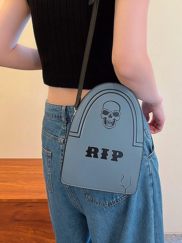 Bolso Bandolera De Lápida Cuero PU Gótico RIP Calavera Estampado Halloween Novedad Bolso De Hombro Mujer
