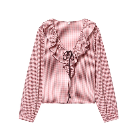 Damen Gingham Bluse Langarm Polyester Rüschen V-Ausschnitt Bindeband Vorne Elegantes Karohemd Lässiges Top