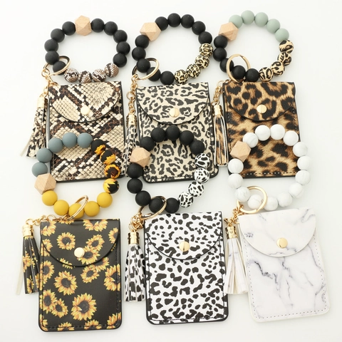 Porte-Clés Bracelet Porte-Carte Portefeuille Perles En Silicone Avec Perle En Bois Et Gland En Cuir PU Léopard Marbre