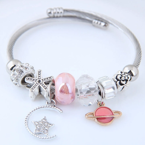 Celestial Charm Bracelet Stainless Steel Alloy Rhinestone Star Moon Planet Saturn Wire Bangle For Women
