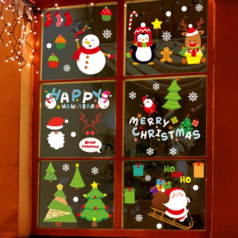 Christmas Window Stickers Static Cling PVC Reusable Reindeer Santa Claus Snowman Xmas Holiday Glass Door Decoration