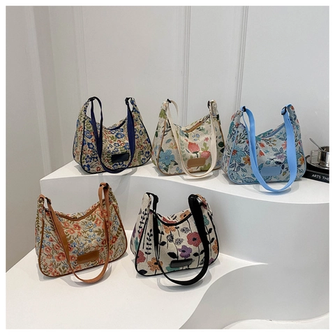 Borsa A Spalla Hobo Jacquard Floreale Retrò Donna Grande Capacità Versatile Tessuto Intrecciato Borsa A Tracolla