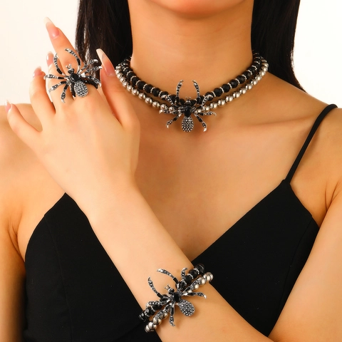 Gothic Spider Necklace Bracelet Ring Earrings Alloy Red Rhinestone Black Beads Halloween Punk Jewelry For Women