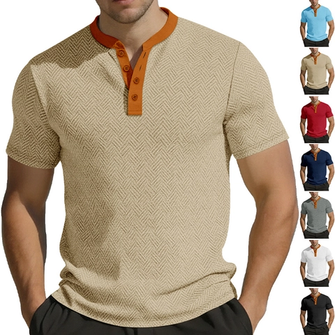 Heren Henley Shirt Korte Mouwen Jacquard Stof Ademend Casual Zomer Top Knoopsgat Textuur Visgraat Stijl