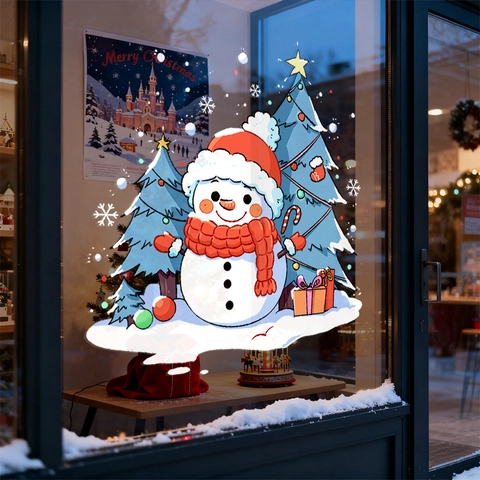 Christmas Window Sticker Static Cling PVC Double Sided Cartoon Snowman Tree Gift Glass Holiday Decor
