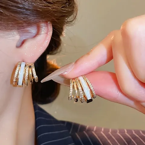 Boucles D Oreilles Boutons En Forme De C Multi Couches Cuivre Plaqué Or Avec Zircon Coquille Tige En Argent 925