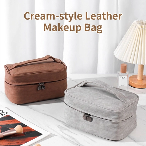 Large Capacity Makeup Bag PU Leather Portable Travel Toiletry Storage Pouch With Handle Double Zipper For Women