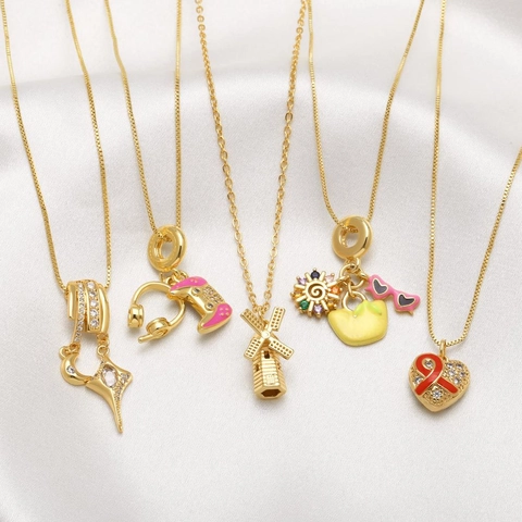 Pendant Necklace 18K Gold Plated Copper Zircon Enamel Heart Star Moon Windmill Gamepad Jewelry For Women Men