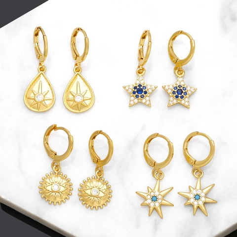 Vintage Koper Verguld Ster Zon Boze Oog Hoop Oorbellen Zirconia Ingelegd Hemelse Stijl Sieraden Voor Vrouwen