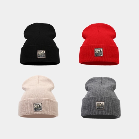 Knit Beanie Hat Acrylic Ribbed Vintage Patch Fold Over Cuff Winter Warm Casual Retro Streetwear For Men Women
