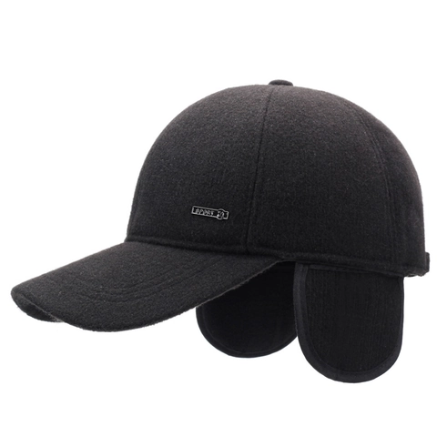 Men Winter Baseball Cap Wool Blend Fleece Lined With Ear Flaps Warm Windproof Outdoor Adjustable Metal Sport Tag