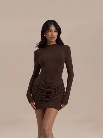 Sexy Dames Mini Jurk Lange Mouwen Geplooid Polyester Elastaan Slim Fit Chic Ronde Hals Effen Kleur