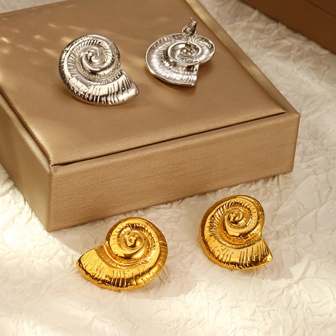Orecchini a Spirale in Acciaio Inossidabile Placcato Oro 18K Stile INS Francese Conchiglia Martellata Irregolare