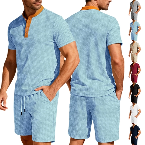 Completo Estivo Uomo Camicia Henley Maniche Corte E Pantaloncini Coulisse Trama Nido Ape Colletto Contrasto Vacanza