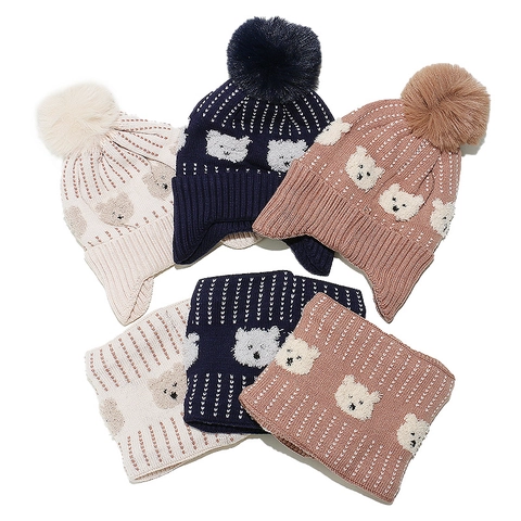 Bonnet Et Écharpe Tricotés Pour Enfants Protection Des Oreilles Chaude D'Hiver Acrylique Doublé Polaire Jacquard Ours Pompon