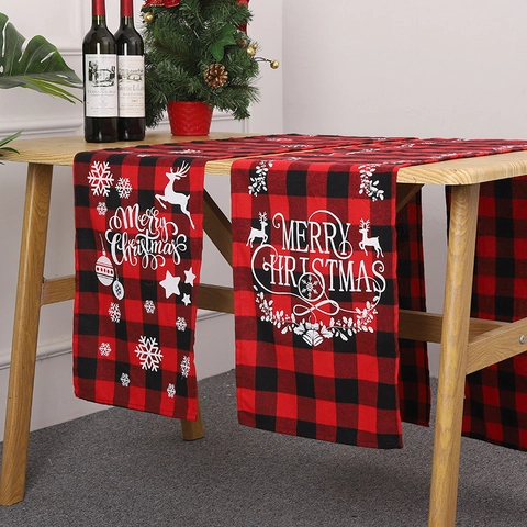 Camino De Mesa De Navidad A Cuadros Rojo Negro Reno Copo De Nieve Decoración De Mesa De Comedor De Tela