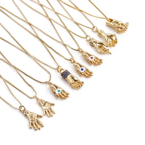 Vergulde Koperen Hamsa Hand Ketting Voor Dames Vintage Etnische Sieraden Met Ingelegde Zirconia Hanger Cadeau