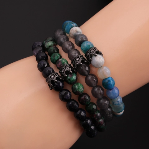 Men Beaded Bracelet Natural Stone Agate Blue Sandstone Crown Charm Alloy Rhinestone Luxury Fashion Hip Hop Jewelry