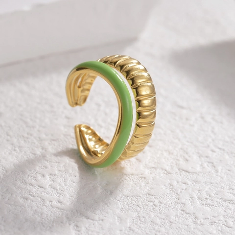 Vintage Roestvrijstalen Open Ring Voor Dames Dubbellaags Geribbeld Croissant Ontwerp Groen Emaille Verstelbare Niche Sieraden