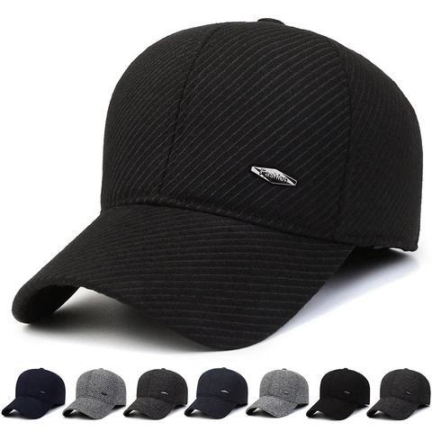 Men Winter Baseball Cap Warm Fleece Lined Ear Flaps Cotton Woolen Adjustable Outdoor Sports Solid Color Metal Label